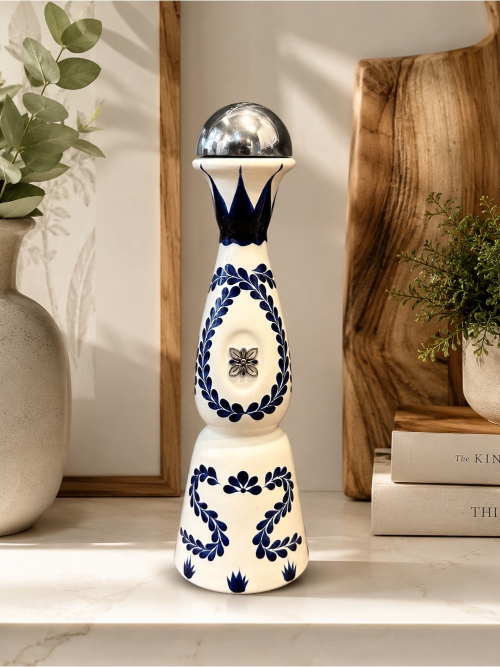 Empty Clase Azul Reposado Tequila Ceramic Bottle Decor W/four-pointed floral
